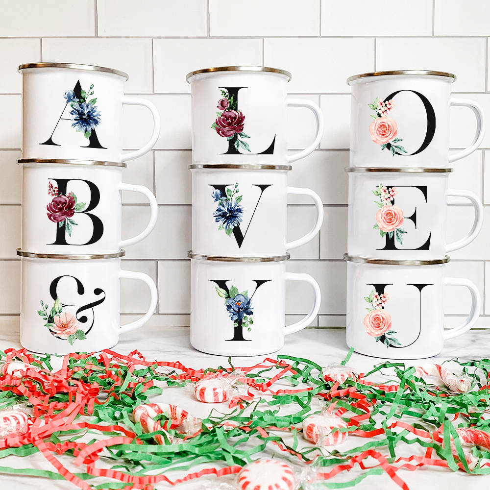 Wine Beer Coffee Drink - Alphabet Flowers A B C Enamel